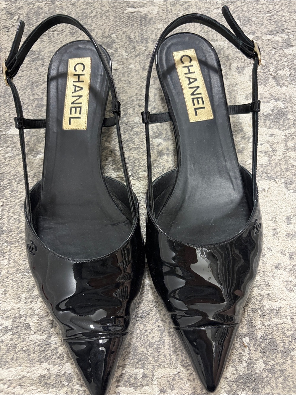 CHANEL Black Patent Leather Pointed Slingback Mules